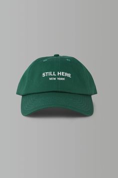 Dad Cap in Green – Still Here New York They Always Come Back, Chain Stitch Embroidery, 6 Panel Cap, Paint Stripes, Dad Cap, Fabric Strap, Dad Caps, Ads Creative, Brass Buckle