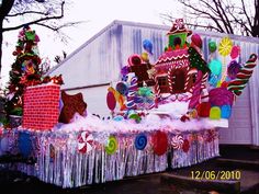 a float is decorated with candy and decorations