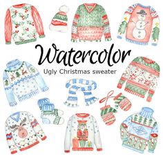 watercolor ugly christmas sweaters and mittens are featured in the book, watercolor ugly christmas sweaters