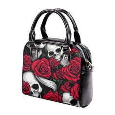 This bag feature skulls and roses Details: * PU Leather and mental material for shoulder bag. * Zip closure with large interior compartment and 3 interior pockets. * Adjustable handles and shoulder strap can be carried in multiple ways. * Stylish and convenient for any occasion. Check Out More bags HERE *This product is custom made on demand. No Refunds or Exchanges. Gothic Skull Bag For Everyday Use, Daily Use Skull Print Shoulder Bag, Rectangular Skull Print Shoulder Bag For Daily Use, Skull Print Shoulder Bag, Rectangular Shoulder Bag With Skull Print For Daily Use, Everyday Tote Bag With Skull Print, Skull Print Shoulder Bag For Everyday Use, Gothic Travel Bags With Zipper Closure, Goth Style