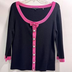 Bcbgmaxazria Scoop Neck Black & Pink Cardigan With Bow, Size Large, 3/4 Length Sleeves, Black With Pink Trim, Faux Pearl And Faux Diamond Buttons Nwot, Never Worn- 63% Rayon, 37% Nylon Elegant Fitted Pink Cardigan, Pink Trim, Pink Cardigan, Faux Pearl, Scoop Neck, Length Sleeve, Black Pink, Top Blouse, Womens Tops