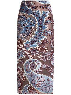 brown/blue stretch-design full jacquard paisley print semi-sheer construction side zip fastening pencil silhouette mid-length Country Vibes, Collage Elements, Velvet Midi Skirt, Italian Textiles, Pencil Silhouette, Jacquard Skirt, Dark Style, Brown Skirt, Fashion Collage