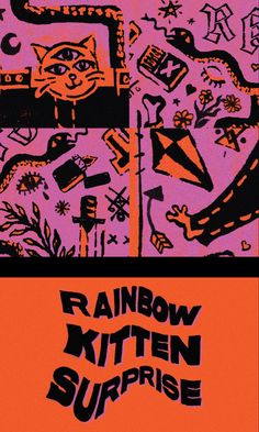 an orange and pink poster with black writing on it that says rainbow kitten surprise in the center