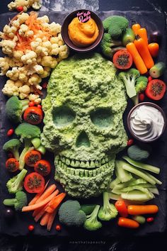 a skull made out of vegetables and other foods