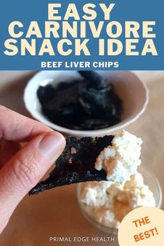 the cover of easy carnivore snack idea beef liver chips is being held up