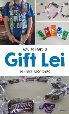 a collage of pictures showing how to make a gift lei in three easy steps