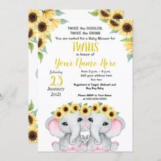 two elephants with sunflowers on their heads are in front of the baby shower