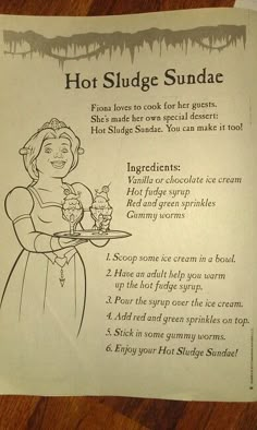 a recipe for hot sludge sundae on a table