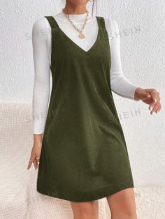 Type:Pinafore \nStyle:Casual \nWaist Line:Natural \nHem Shaped:Straight \nNeckline:V neck \nColor:Army Green \nPattern Type:Plain \nSleeve Length:Sleeveless \nLength:Short \nFit Type:Regular Fit \nFabric:Slight Stretch \nMaterial:Woven Fabric \nComposition:100.0% Polyester \nCare Instructions:Hand wash,do not dry clean \nSheer:No \n Simple Short Dress, Short Dress Casual, Green Plain, Dresses Spring, Short Dresses Casual, Dress For Short Women, Spring Dresses, Casual Fall, Short Dress