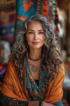 Hair Color For Women Over 40 Colour, Gray Blending Hair Highlights Dark Hair, Brown Hair With Gray Highlights, Gray Curly Hair Natural Curls, Character Inspiration Woman, Boho Haircuts, Ladies Hair Style, 40 Year Old Women, Over 40 Hairstyles