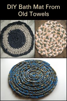 crocheted bath mat from old towels is shown in three different colors and sizes