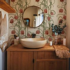 A new take on a traditional vertical floral print and stripes. Illustrated by Samantha Santana. Tezza Home, Wallpaper In Spanish, Wallpaper House Accent Walls, Renter Wallpaper, Boho Background Wallpapers, Bathroom Remodel Wallpaper, Fun Wallpaper Bathroom, Spanish Revival Bathroom, Small Print Wallpaper