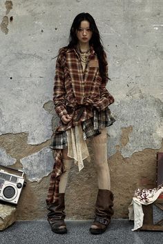 This oversized shirt blends grunge and street style, giving off that effortlessly rebellious vibe. The distressed fabric and worn-in look create a vintage-inspired aesthetic. The shirt’s button closure and chest pocket bring just the right amount of... No Romance, Boho Market, Body Skirt, Retro Punk, Designer Outlet, Y2k Clothing, Lace Print, Oversized Blouse, Crazy Girls