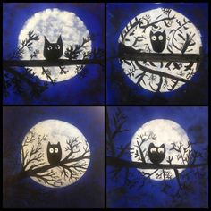 four pictures of cats sitting on branches in front of the moon