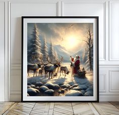 a painting of santa claus and his reindeers in the snow