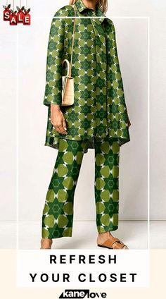 Geometric Print Lapel Long Sleeved Top and Pants Two Piece Set Casual Green Long Sleeve Pantsuit, Printed Workwear Sets For Fall, Spring Green Workwear Pant Set, Green Pant Set For Spring Workwear, Spring Workwear Green Pant Set, Green Workwear Sets For Fall, Green Trousers Set For Spring, Green Wide Leg Workwear Sets, Green Sets For Workwear In Fall