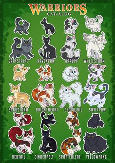 an image of various cats stickers on a green background with the words warriors written below them