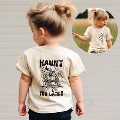 Little Ghoul on the Go! "Haunt You Later" Retro Halloween Tee for Toddlers Calling all mini monster mashers, future spooky superstars, and parents who love a good laugh! This adorable toddler tee isn't just comfortable, it's a hilarious way for your little one to declare their Halloween spirit with a retro twist. More trick-or-treating than tricks (but maybe a few playful scares Eye-catching bat design on the front: Set the spooky scene with classic Halloween bats in a fun, retro style. Hilariou Halloween Shirts For Kids, Toddler Halloween Shirt, Toddler Halloween Shirts, Halloween Shirt Design, Bat Design, Halloween Shirts Kids, Halloween Adventure, Mini Monster, Cricut Halloween