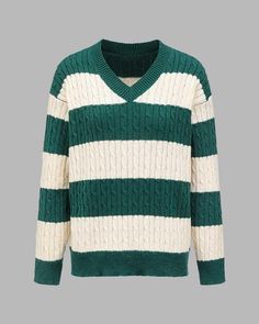 Mono Equinox Striped Jumper Striped Long Sleeve Ribbed Sweater, Green V-neck Top With Ribbed Cuffs, Striped Knit V-neck Sweater, Winter Sweater With Striped Long Sleeves, Green Long Sleeve Sweater With Ribbed Cuffs, Winter Cotton Sweater With Striped Sleeves, Striped V-neck Sweater For Winter, Striped V-neck Winter Sweater, Green Knit Sweater With Ribbed Cuffs