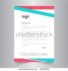 a white and blue business letterhead on a gray background with red, turquoise and pink stripes