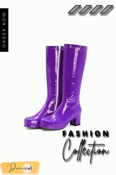 Solid Patent Leather Round-toe Block Heel Long Boots Purple Formal Boots For Fall, Retro Round Toe Party Boots, Long Boots, Patent Leather, Block Heels, Heels, Boots, Leather