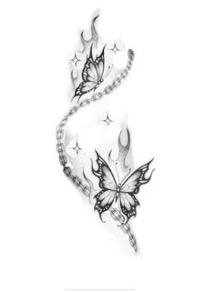 a drawing of two butterflies with chains around them and stars on the back of their wings