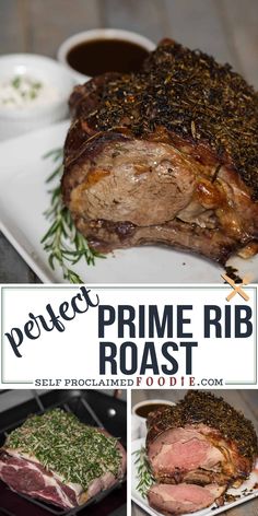 the prime rib roast is served on a plate with garnish and seasoning