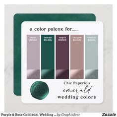 the color palette for chic paper's emerald wedding colors is displayed on a card