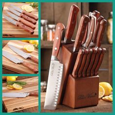 several different types of knives in a wooden block with lemons on the side and other pictures