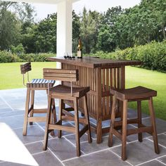 an outdoor bar with three stools on the patio