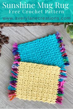 two crocheted dishcloths sitting next to each other on top of a wooden table