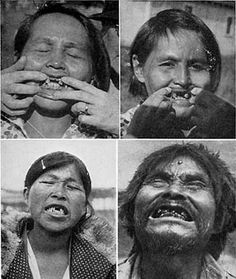 four different pictures of people with their faces covered in dirt and mud, one is eating something while the other has his mouth open