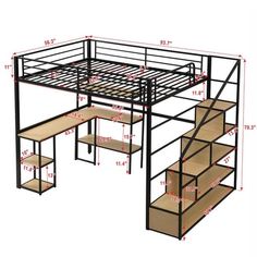 a metal bunk bed with stairs and shelves on the bottom level is shown in measurements