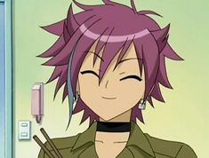 an anime character with purple hair holding chopsticks in her hand and smiling at the camera