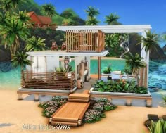 an artist's rendering of a tropical house on the beach with trees and plants