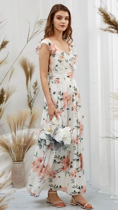 Feminine Chiffon Dress With Floral Print For Wedding, Feminine Floral Print Chiffon Dress For Wedding, Feminine Maxi Length Floral Chiffon Dress, Chiffon Floral Print Bridesmaid Dress, Spring Wedding Guest Chiffon Georgette Dress, Floor-length Floral Print Chiffon Wedding Dress, Floor-length Floral Chiffon Wedding Dress, Feminine Chiffon Dresses With Prints, Flowy Feminine Georgette Maxi Dress