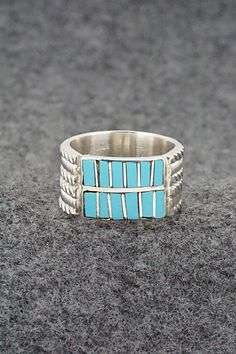 "This turquoise and sterling silver inlay ring was made by Zuni silversmith Orlando Laweka. The inside of the band is signed OL and stamped sterling. Size: 6.5 Width: 3/8\" Free shipping on all orders! We ship with USPS and always include tracking. All orders ship within a day of payment. Returns are accepted up to 30 days after you receive your order. Just send us a message. Our shop offers cash back or store credit. The item must be returned in the same condition." Artisan Luxury Turquoise Ring With Inlay, Luxury Turquoise Inlay Ring, Luxury Sterling Silver Turquoise Inlay Ring, Luxury Sterling Silver Turquoise Ring With Inlay, Luxury Turquoise Inlay Ring In Sterling Silver, Turquoise Rings, Southwestern Style, Abalone Shell, Turquoise Sterling Silver