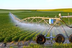 a large sprinkler spraying water on a green field with crops in the background