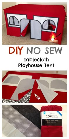 the diy no sew tablecloth playhouse tent is shown with instructions to make it