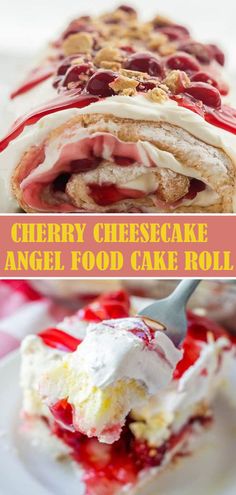 cherry cheesecake angel food cake roll with whipped cream and cherries on top is shown