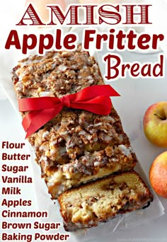 an apple bread with cinnamon and apples on the side is featured in this ad for amish's apple bread