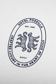 Logo design for a luxury hotel, with a leopard illustration and text 'Hotel Pozzillo' Leopard Illustration, Studio Brand Identity, Sicily Hotels, Hospitality Branding, Crest Embroidery, Logo Embroidery Design, Hotel Hospitality, Crest Design, Crest Logo