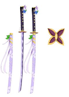 two purple and gold colored swords are next to each other, with flowers on them