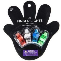 four different colored lights in a black glove with the tag on it's left hand