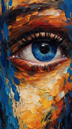 an abstract painting of blue eyes with orange, yellow and red paint strokes on them