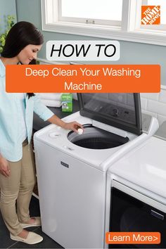 a woman standing next to a washing machine with the words how to deep clean your washing machine