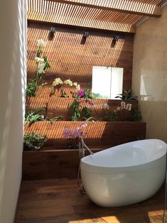 a bath tub sitting on top of a wooden floor next to a wall filled with plants