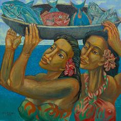 a painting of two women carrying a bowl with fish on it's head over their heads