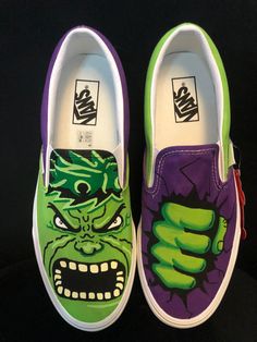 Hulk Smash! **No way affiliated or endorsed with the companies, subsidiaries or affiliates of any of the content I paint on the shoes** Q. What is your turn around time? A. Usually I have many orders at one time so I do ask for UP TO 3 WEEKS to have the time to order the shoes, work on them in order received and drop them off with USPS. Q. Can you paint other characters? A. Definitely! Message me beforehand for a custom listing! Q. DO YOU SHIP WORLDWIDE? A. Yes! I can quote you if you message me Painted Vans Old Skool, Painted Apparel, Custom Painted Vans, Bright Sneakers, Painted Canvas Shoes, Painted Vans, Painted Clothing