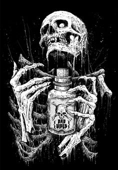 a skeleton holding a jar with liquid in it's hands and dripping from the bottle